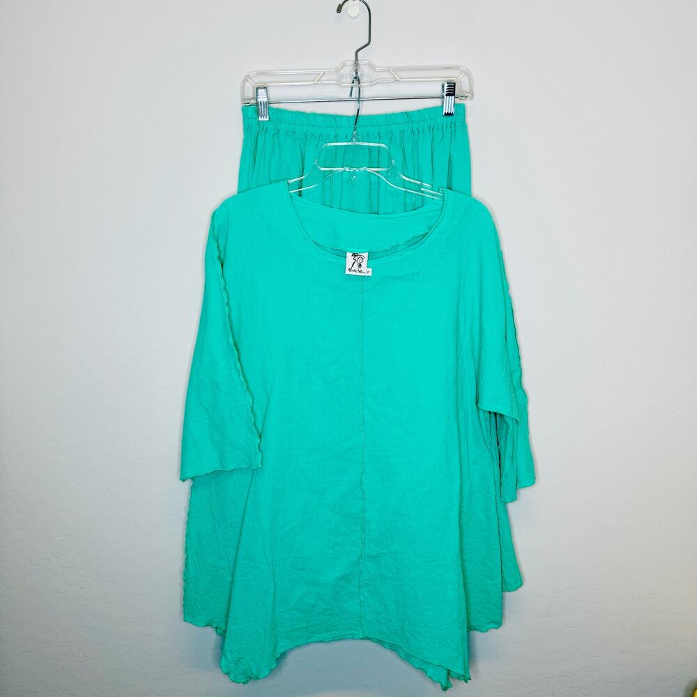 Vintage Alfredo's Wife 2-Piece Skirt Set Turquoise Lagenlook Boho Size Small